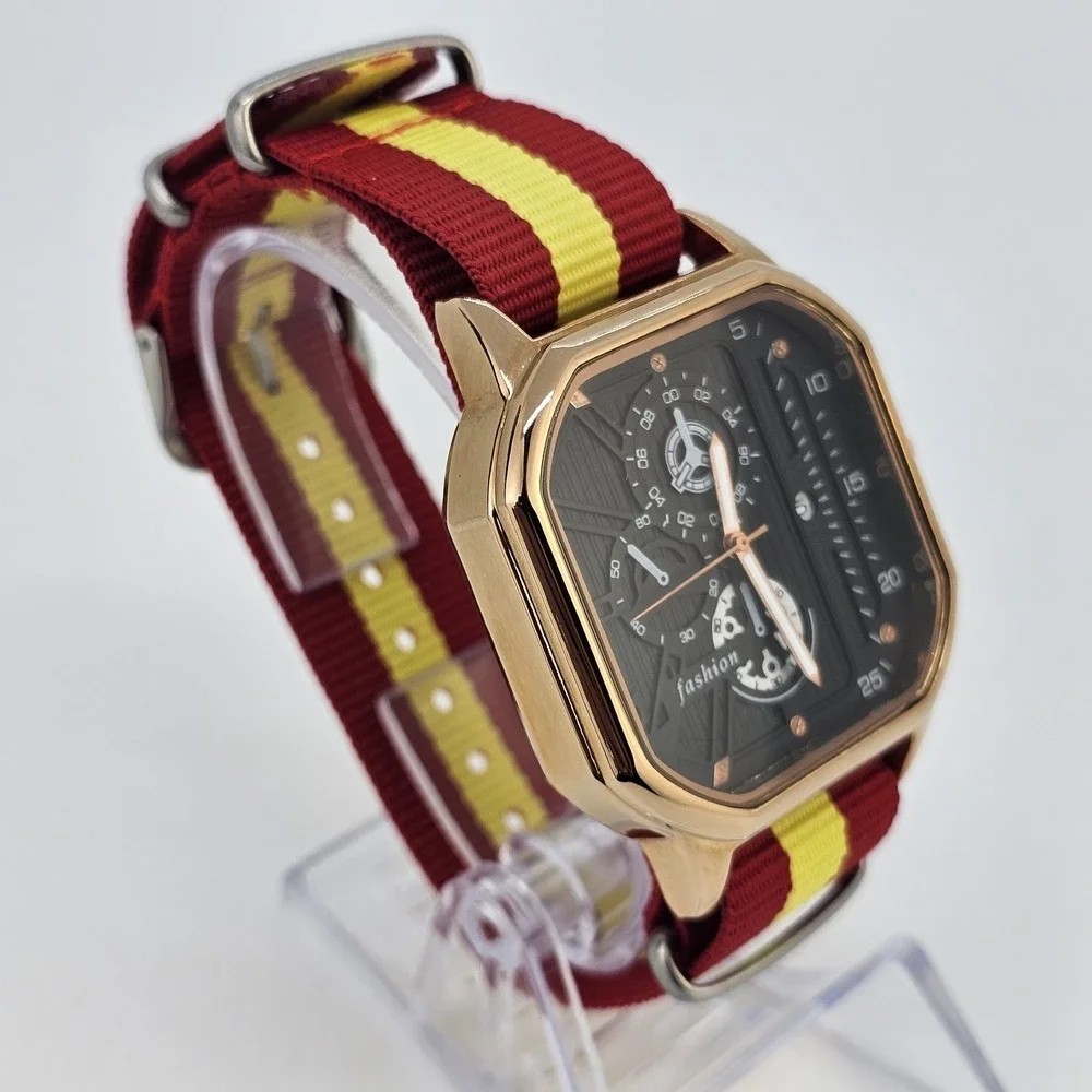 42MM Minimalist Watch Men Black Dial Gold Case‎ Date Red Yellow Canvas Strap